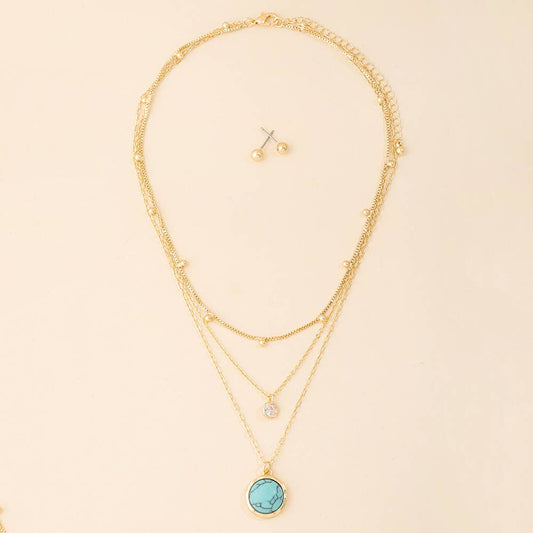 Triple Layer Chain Necklace With Round Stone Pendant