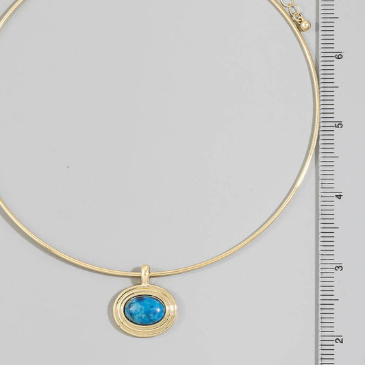 Oval Semi Stone Pendant Omega Wire Collar Necklace