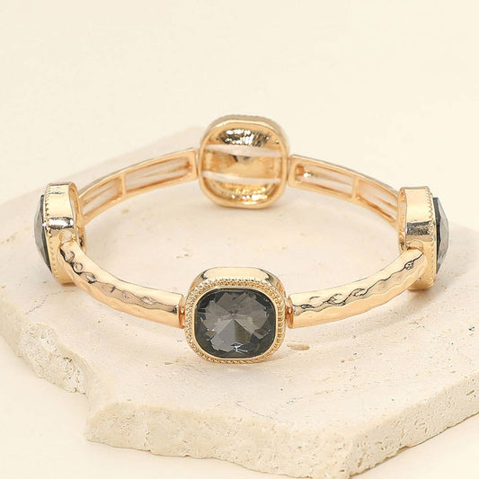 Square Stone Bezel Accent Hammered Bar Beaded Stretch Bracelet