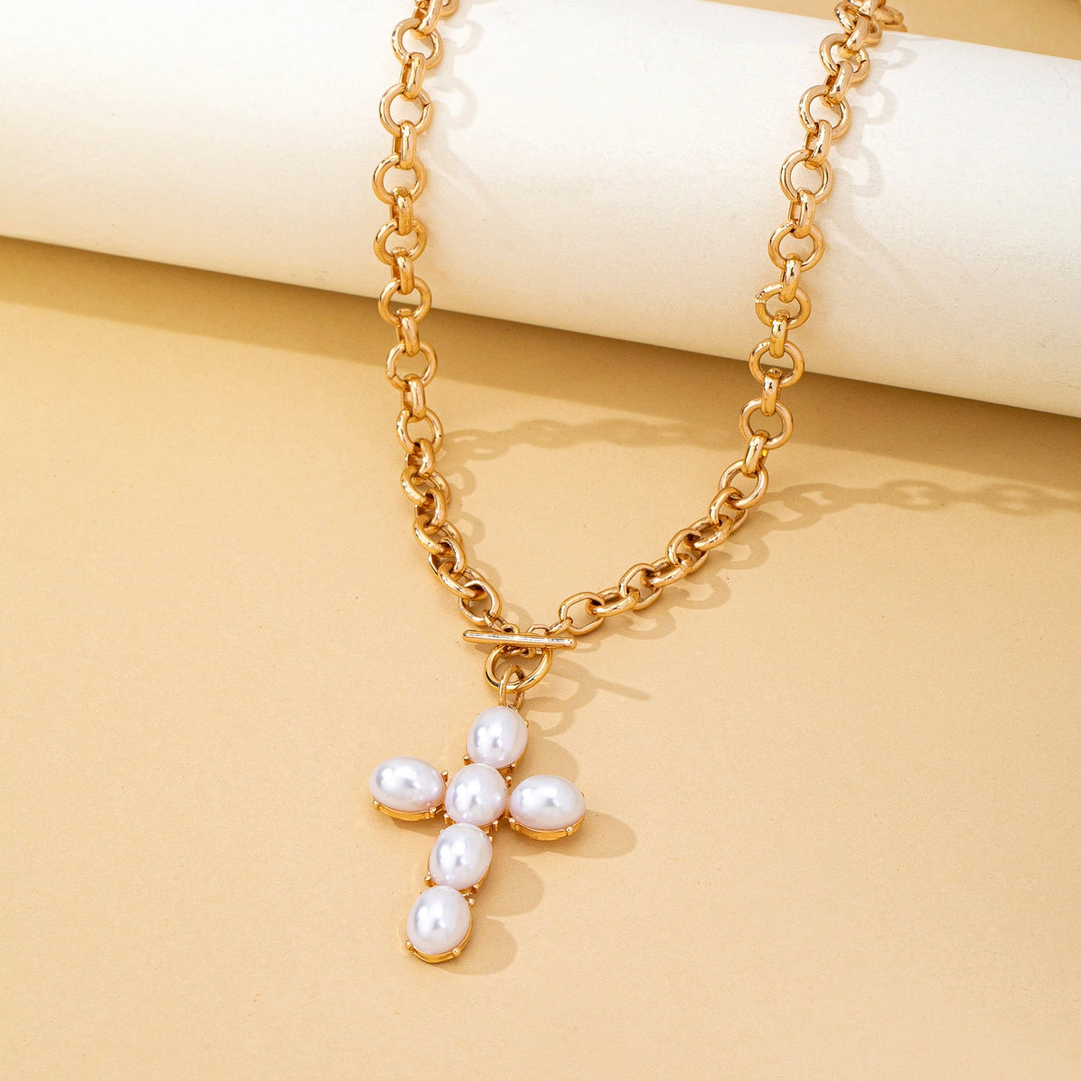 Large Pearl Cross Toggle Necklace