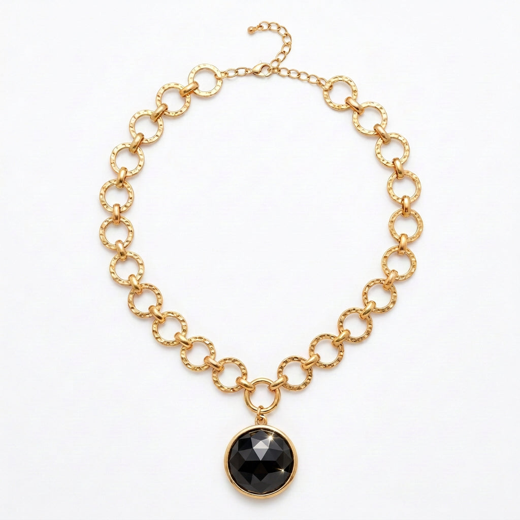 Black Glass Round Pendant Necklace