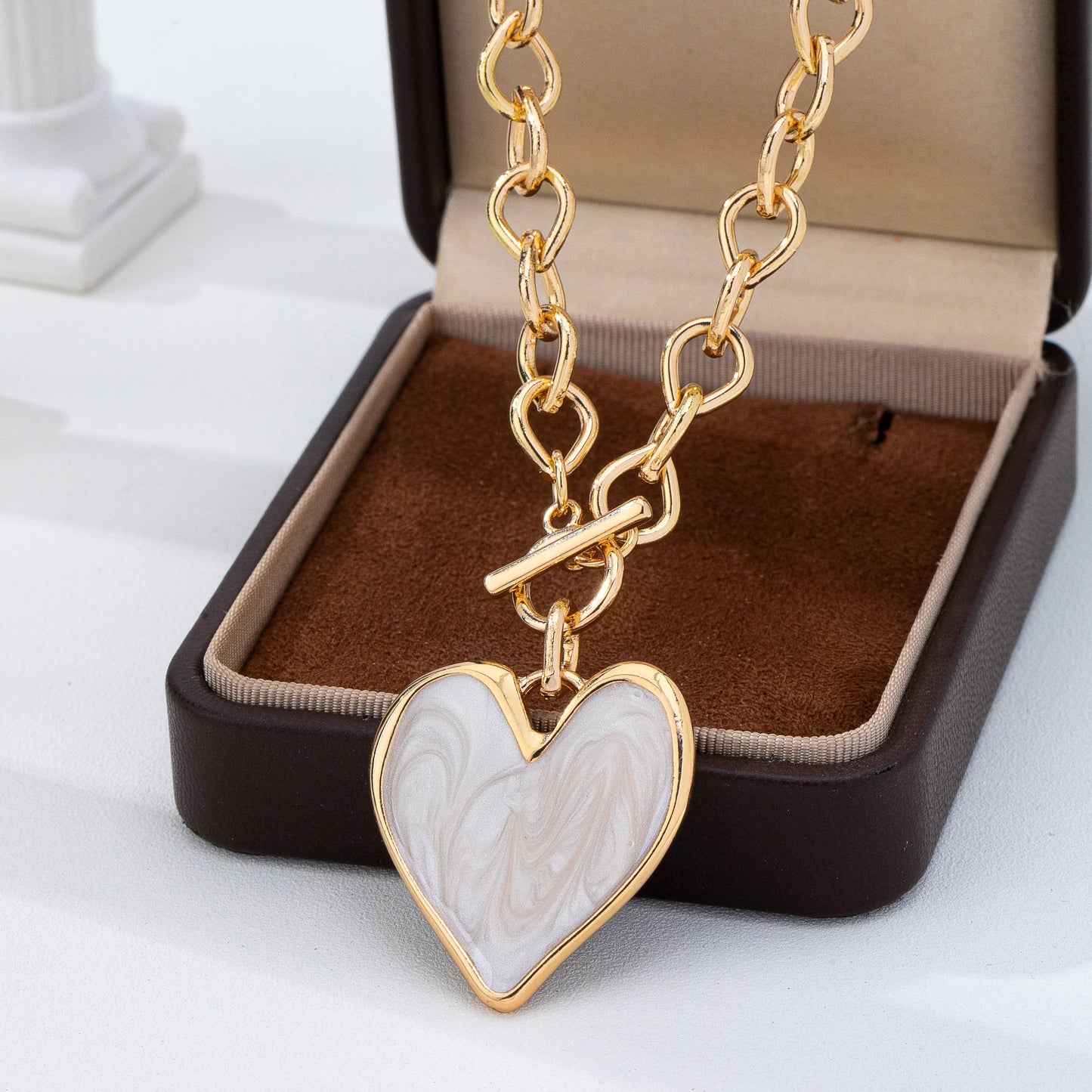 White Inlay Heart Toggle Necklace