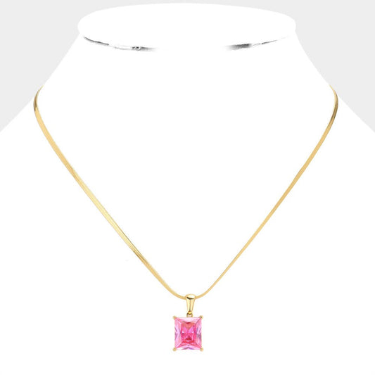 18K Gold Dipped CZ Rectangle Pendant Necklace