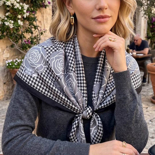 Vintage Rose & Houndstooth Silk-Feel Square Scarf