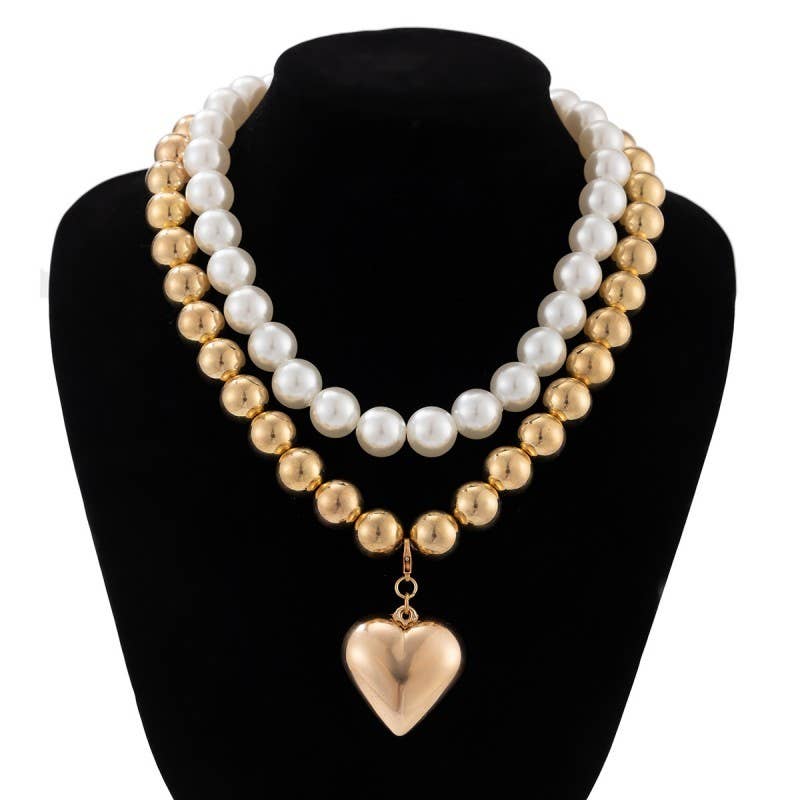 PEARL BEADED LAYERED HEART NECKLACE
