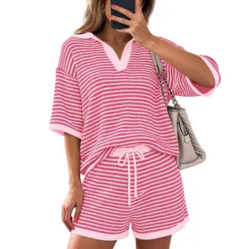 Striped Short Sleeve Knit Set