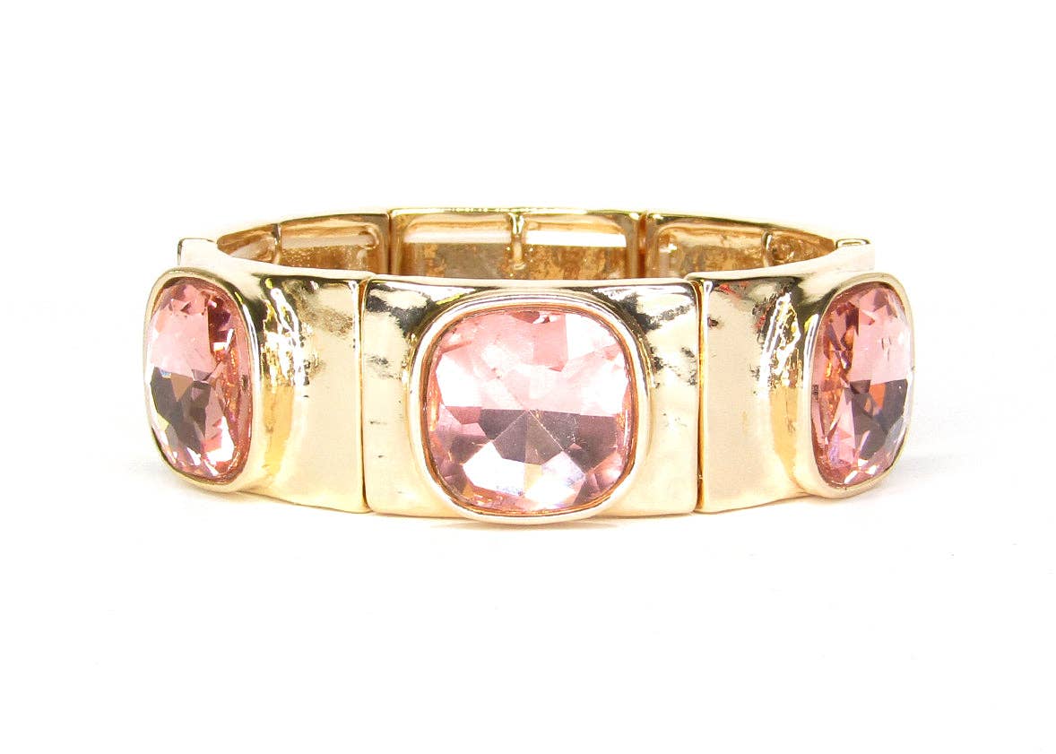 Gold with Pink Crystal with Gold Square Stretch Bracelet