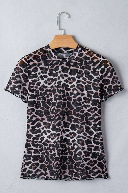 PRETTY BASH Leopard Sheer Mesh Short Sleeve Top