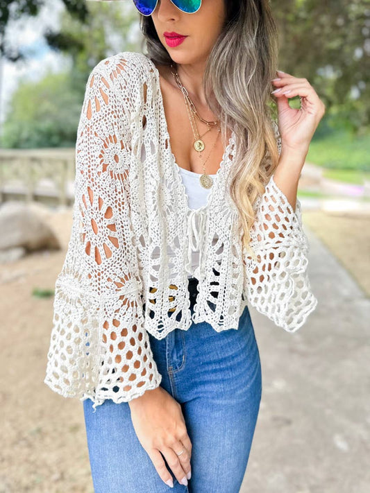 Ivory Unique Floral Open Front Long Sleeve Crochet Cardigan