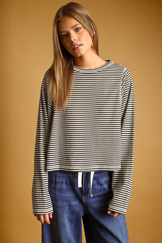 STRIPED WAFFLE FABRIC LONG SLEEVE TOP