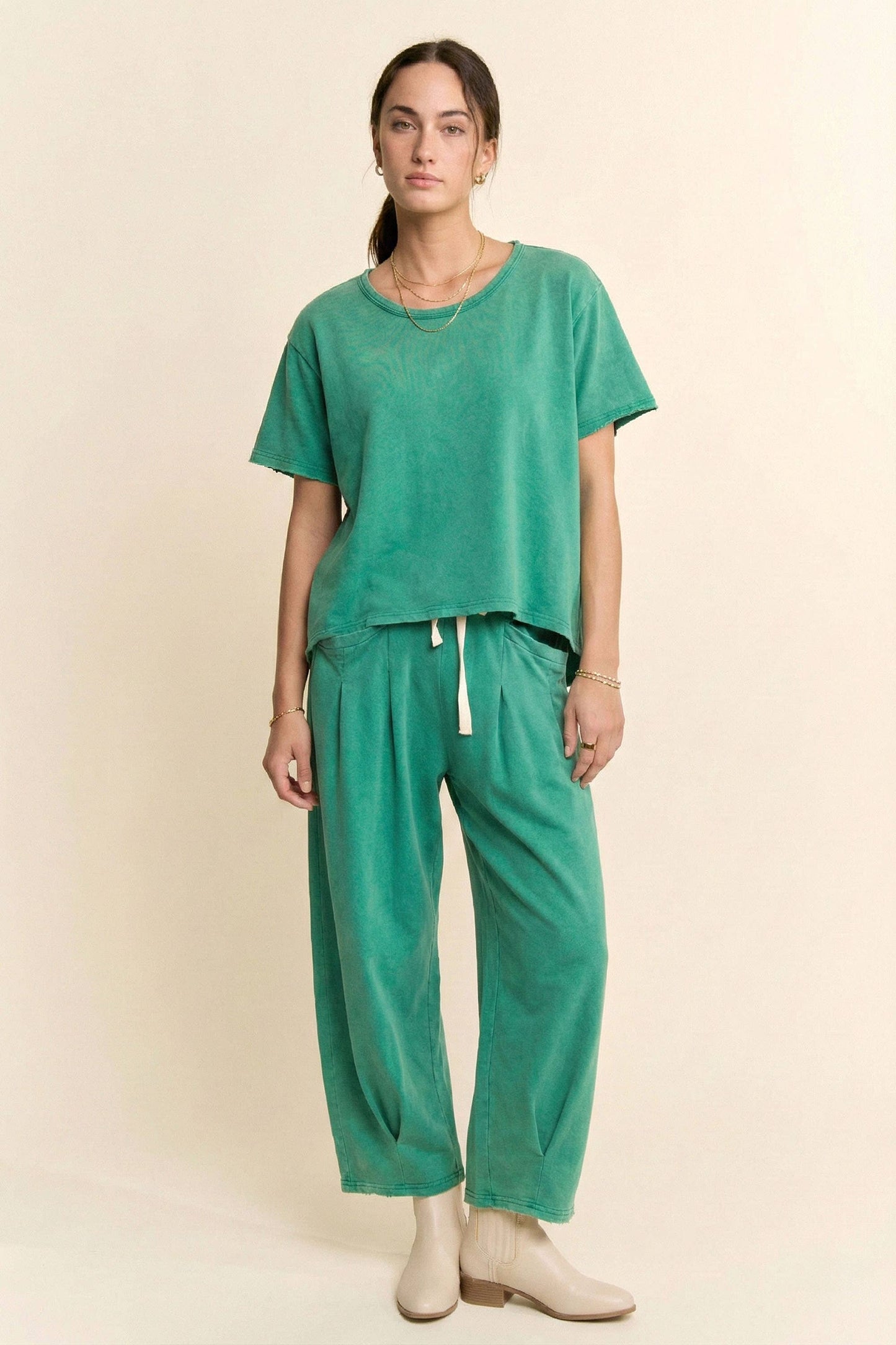DETP40335-GARMENT WASHED PLEAT TOP PANTS SET