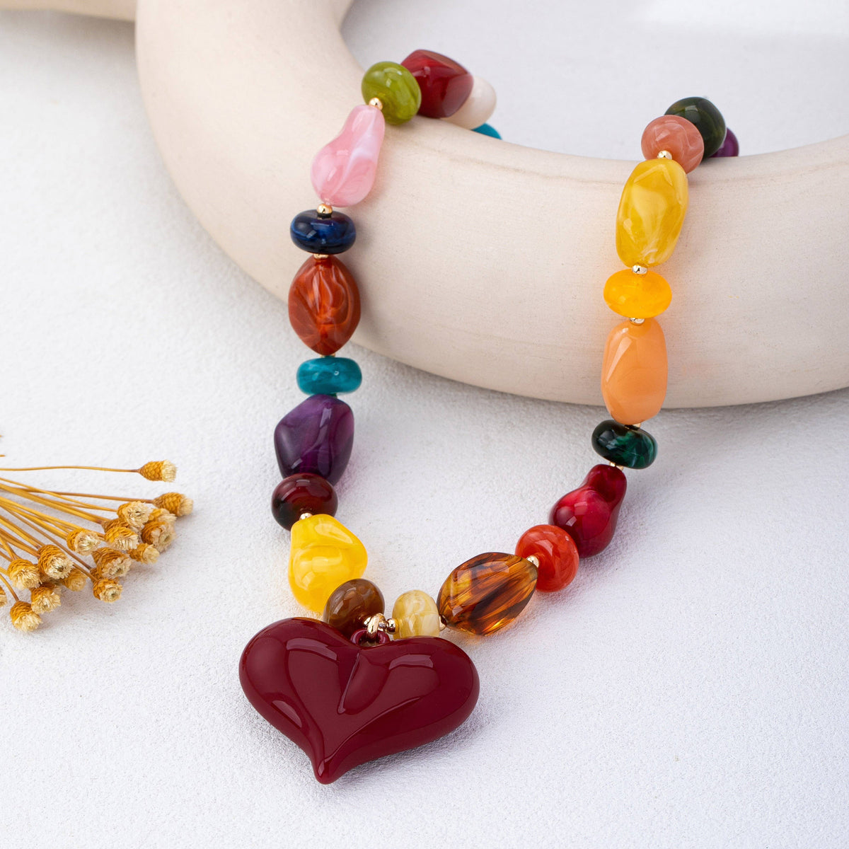 Multicolor Bead Heart Necklace