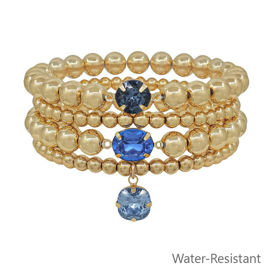 Gold Beaded Navy Crystal Accents Stretch Bracelets