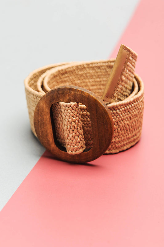 WOODEN BUCKLE RATTAN STRETCH WAIST BELT