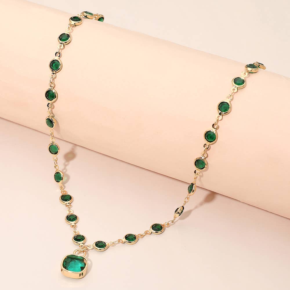 Square Stone Pendant Accent Round Bezel Link Necklace