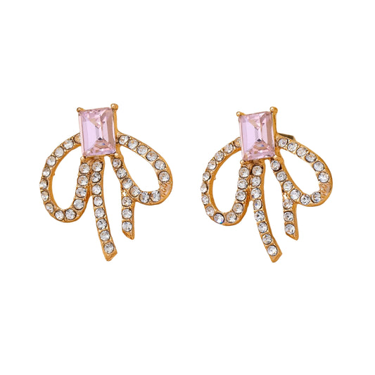 Pink Crystal Rhinestone Bow Earrings