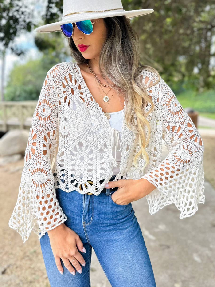 Ivory Unique Floral Open Front Long Sleeve Crochet Cardigan