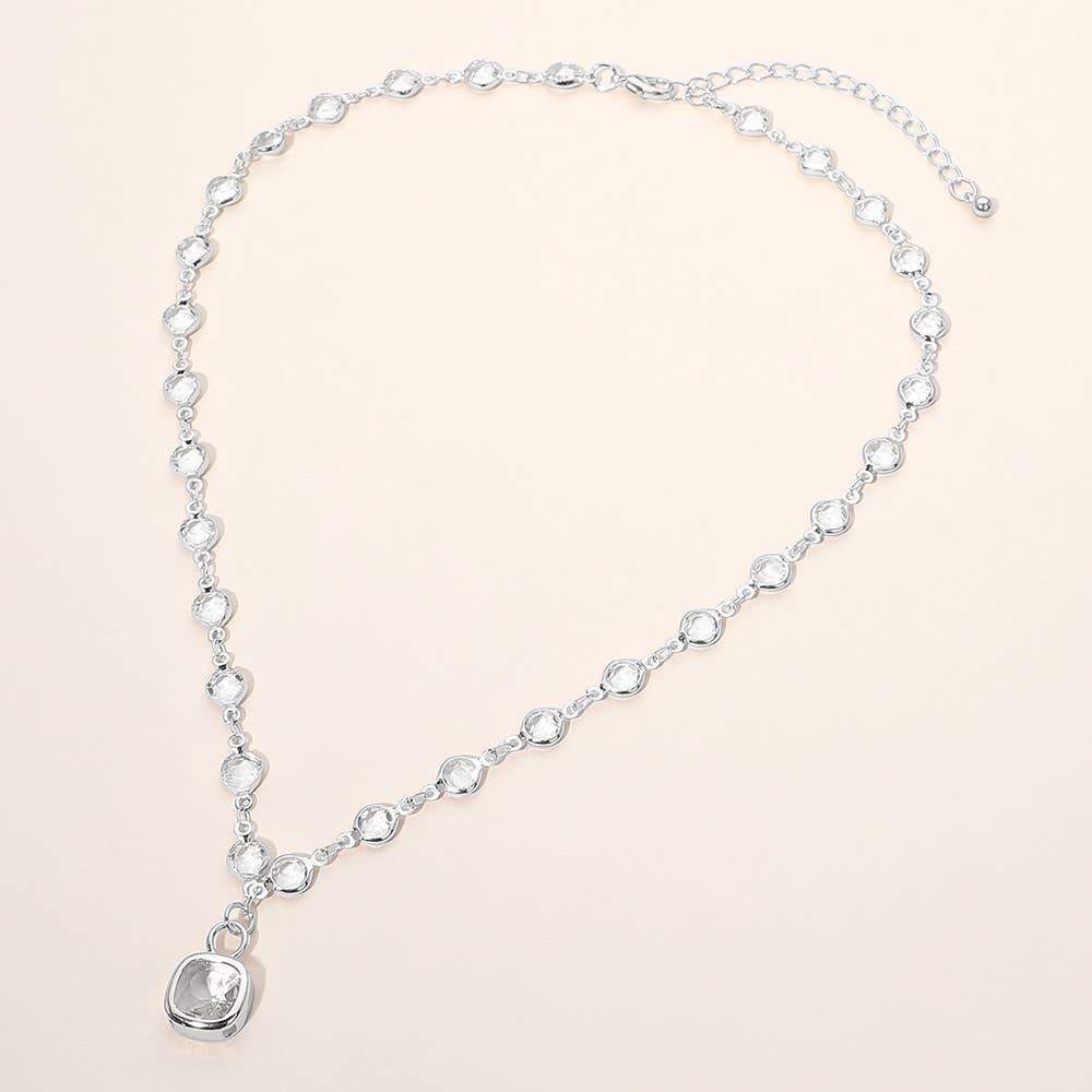 Square Stone Pendant Accent Round Bezel Link Necklace