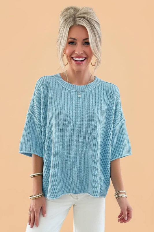 PRETTY BASH Solid Exposed Seam Loose Sweater