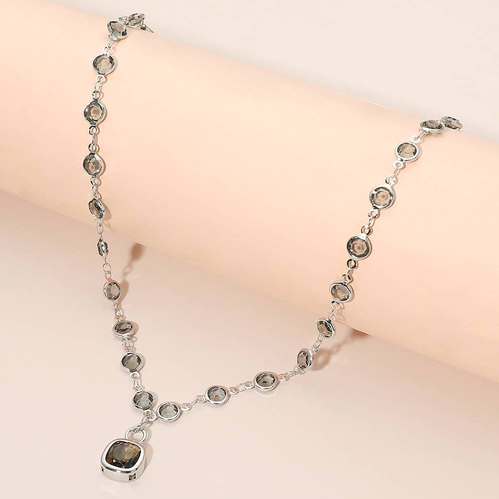 Square Stone Pendant Accent Round Bezel Link Necklace