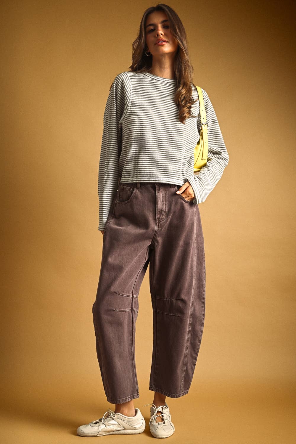 STRIPED WAFFLE FABRIC LONG SLEEVE TOP