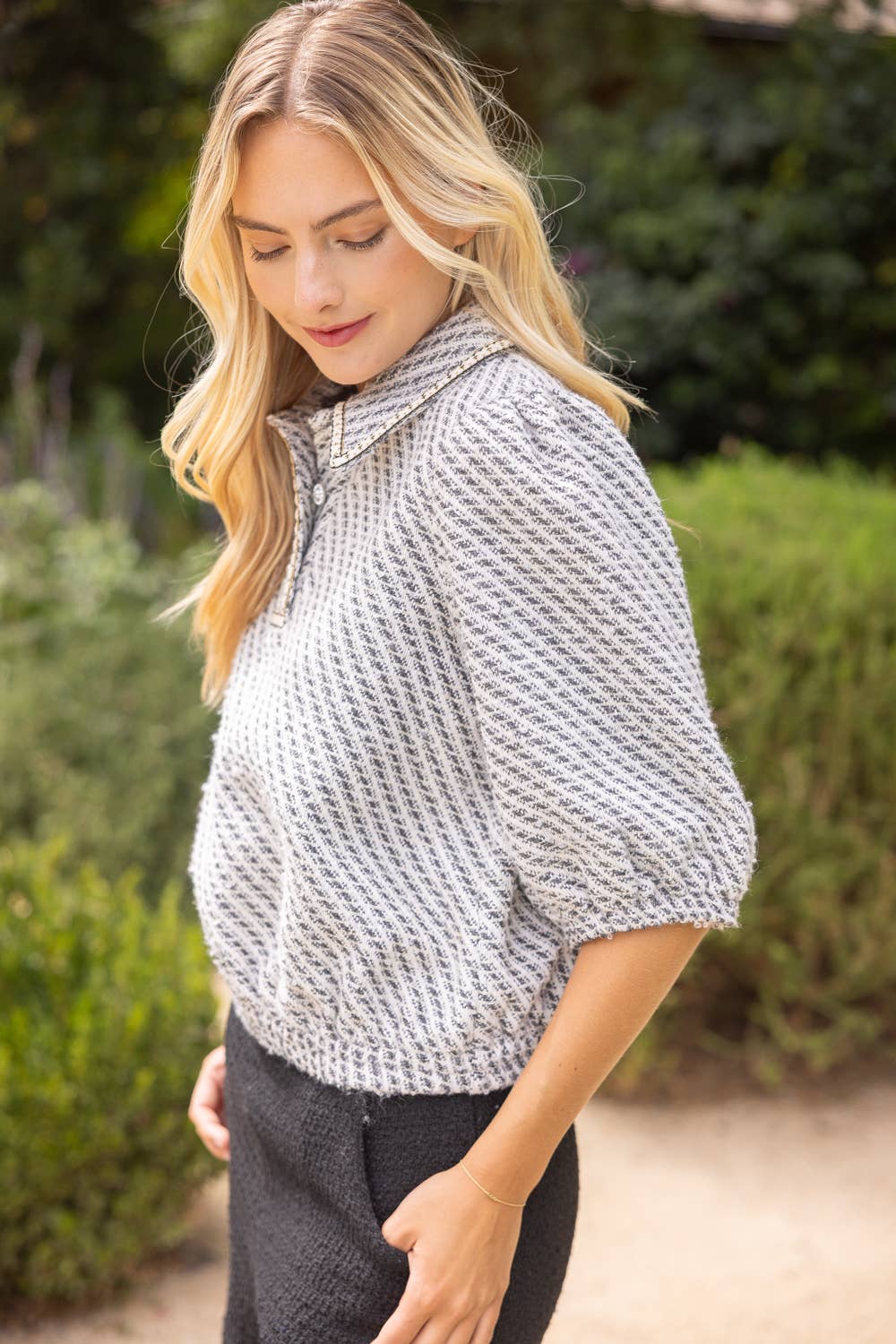 Pearl Quarter Button Collared Tweed Top