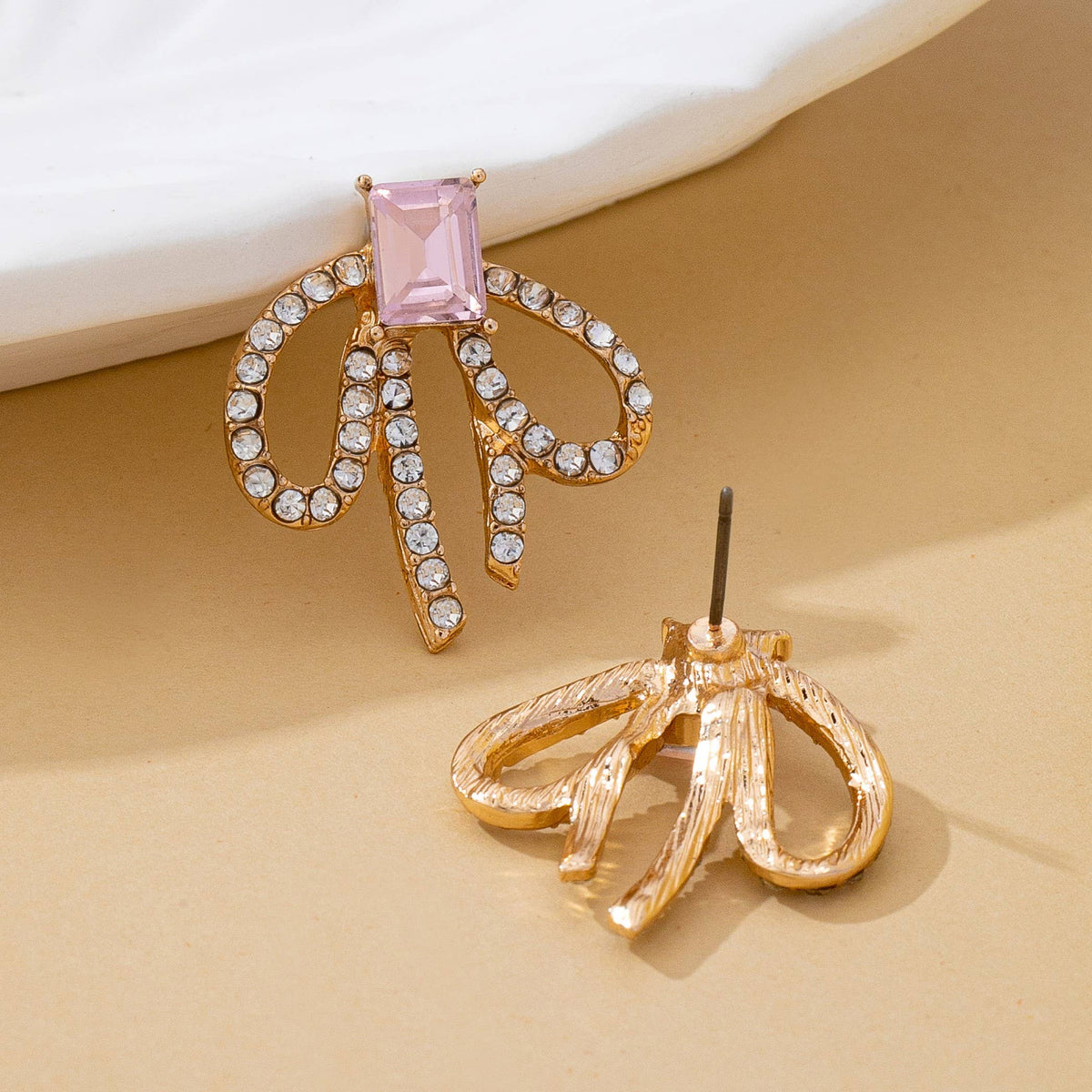 Pink Crystal Rhinestone Bow Earrings