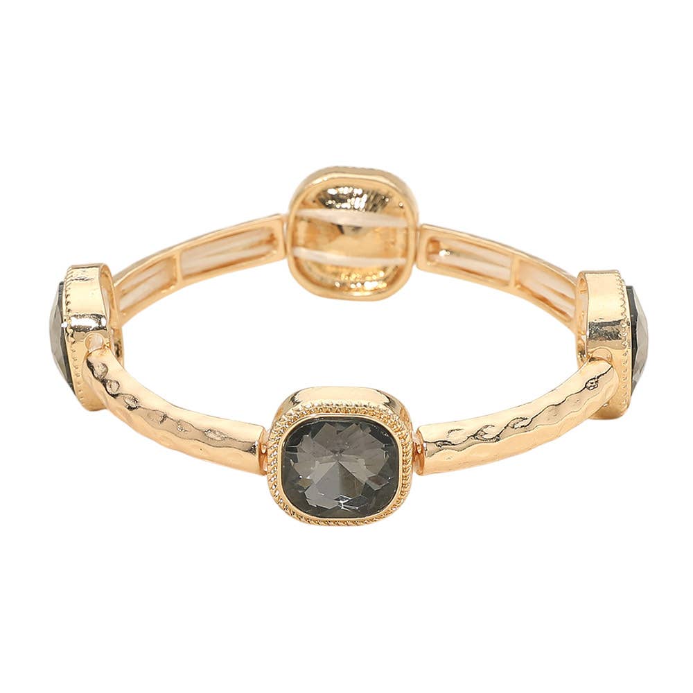 Square Stone Bezel Accent Hammered Bar Beaded Stretch Bracelet