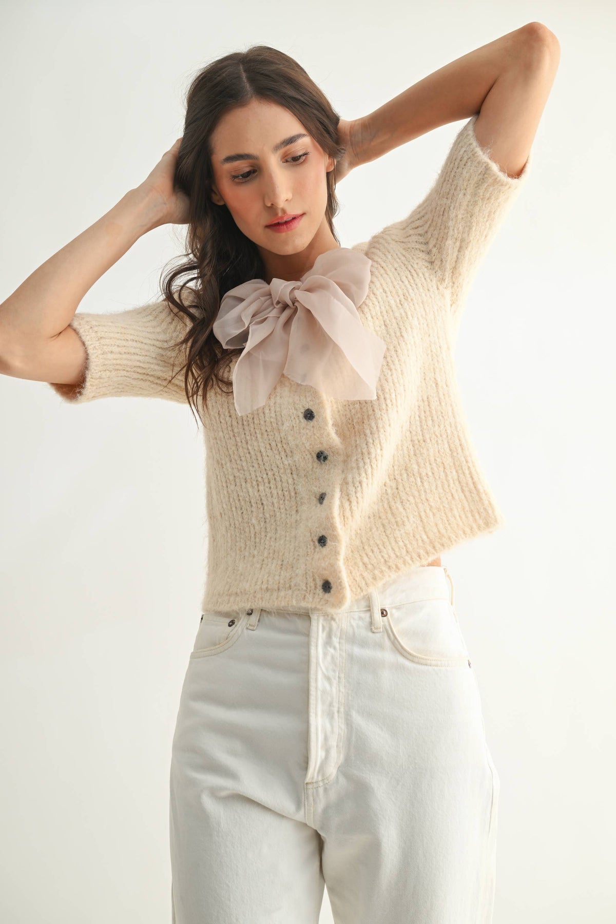 KNIT CARDIGAN WITH CHIFFON BOW