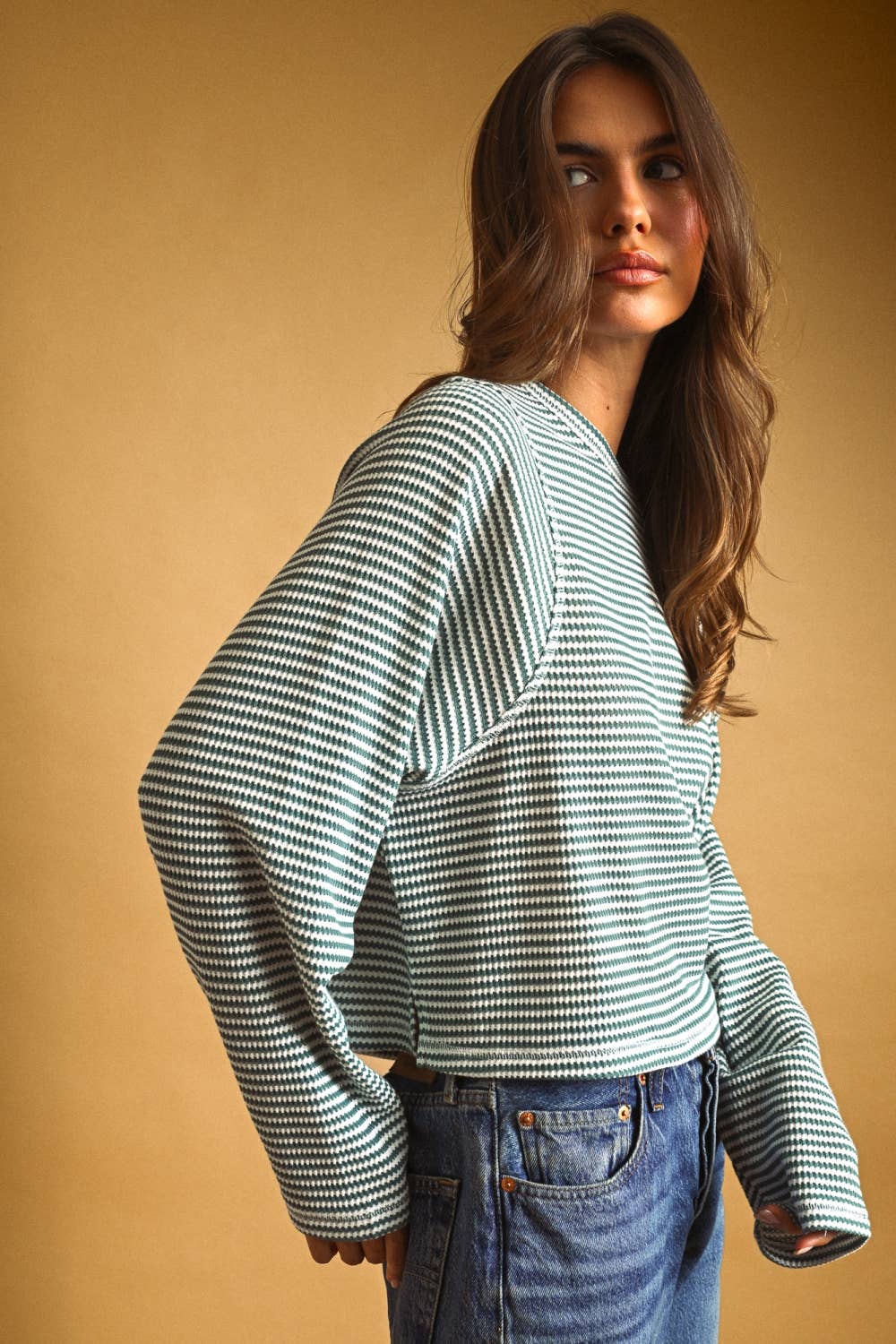 STRIPED WAFFLE FABRIC LONG SLEEVE TOP