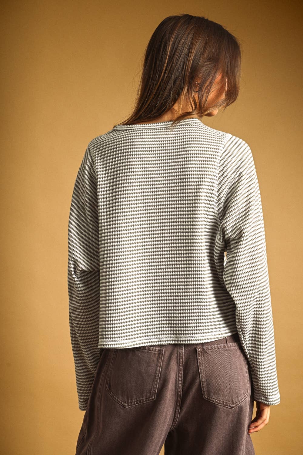 STRIPED WAFFLE FABRIC LONG SLEEVE TOP