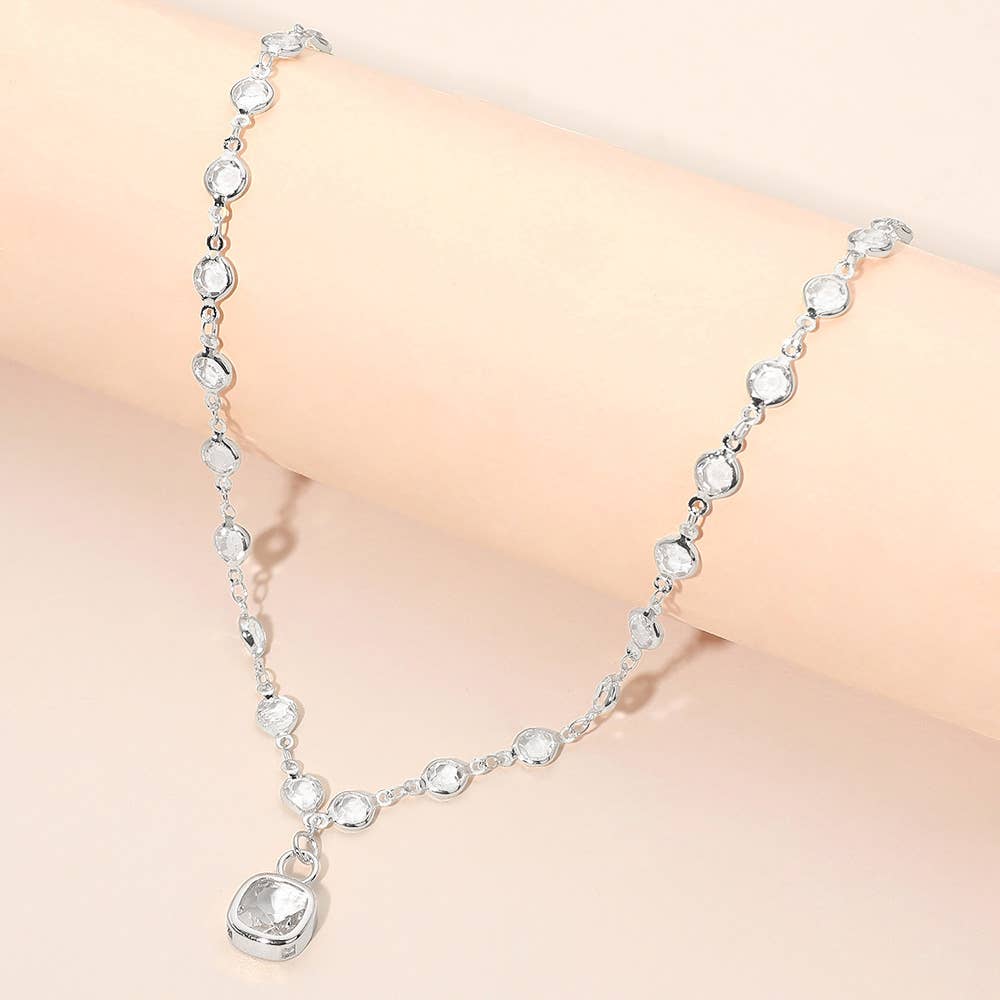 Square Stone Pendant Accent Round Bezel Link Necklace