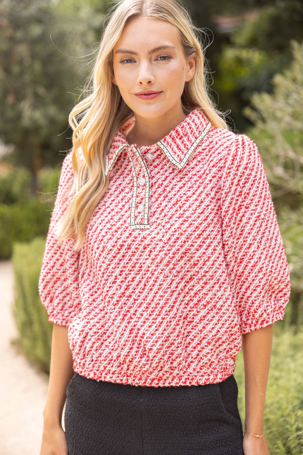 Pearl Quarter Button Collared Tweed Top