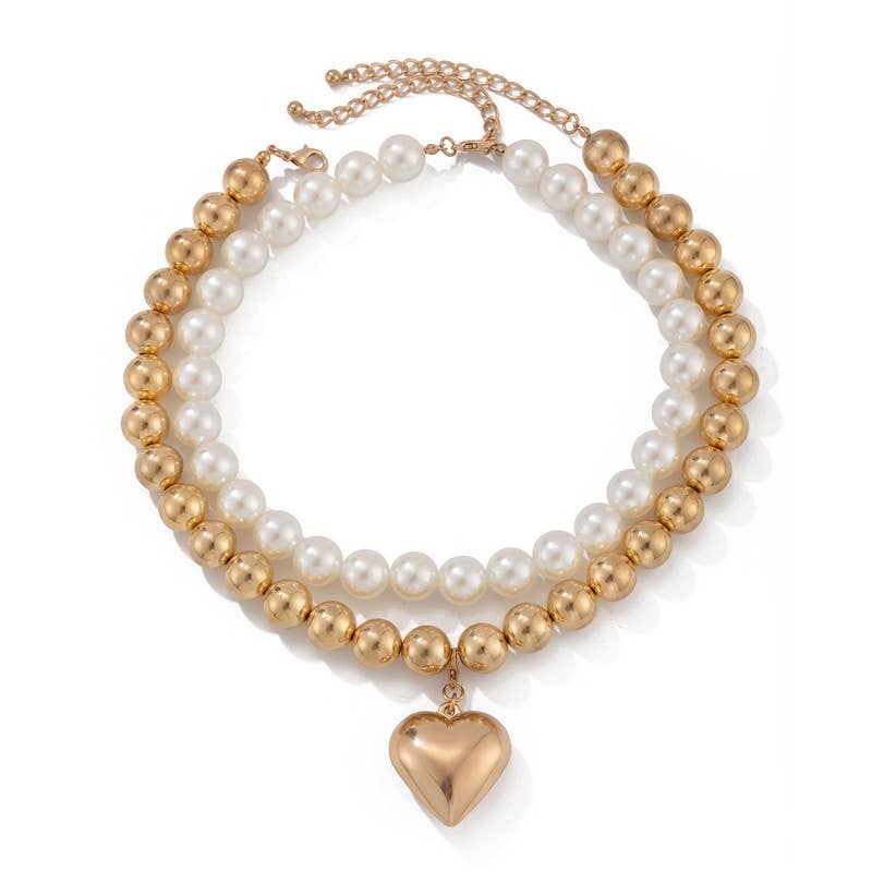 PEARL BEADED LAYERED HEART NECKLACE