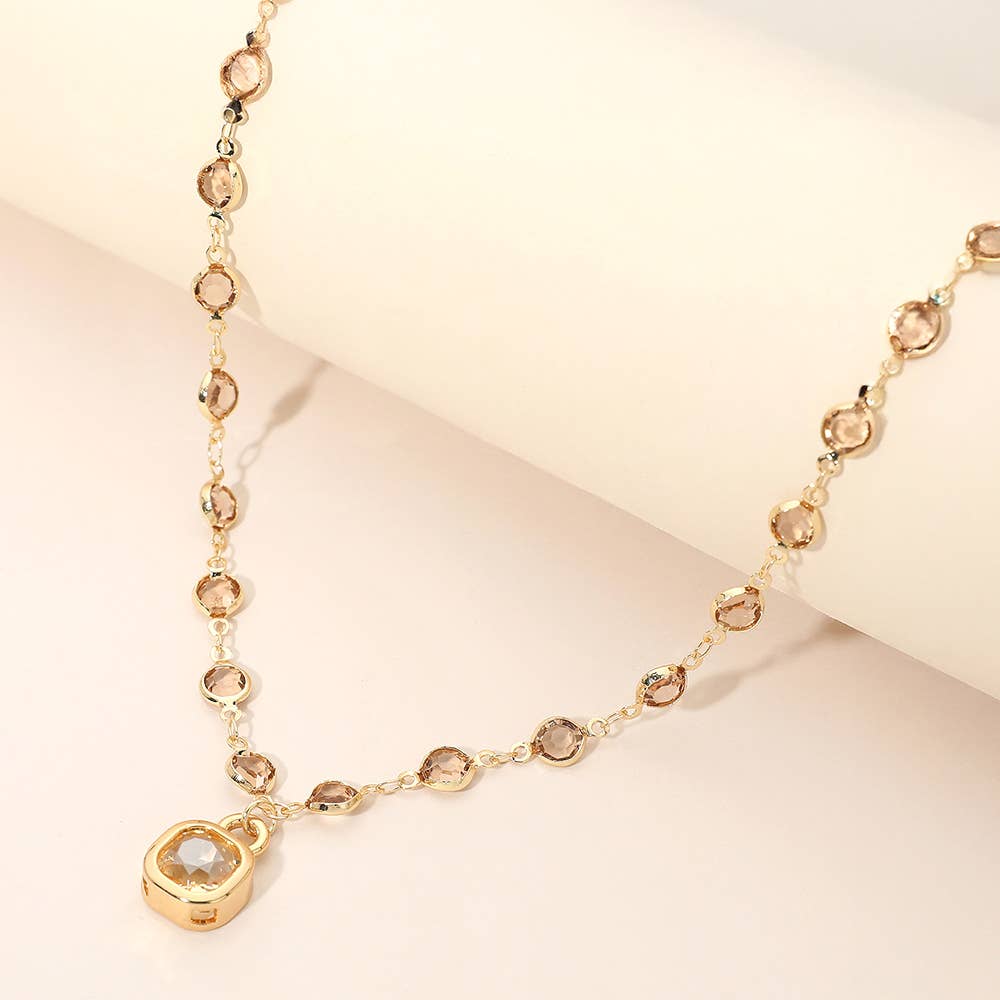 Square Stone Pendant Accent Round Bezel Link Necklace