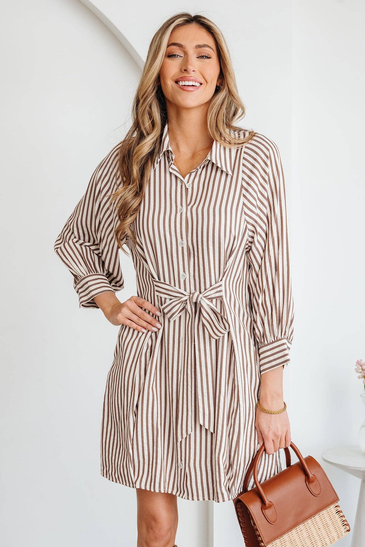 Stripe Tie Waist Shirt Dress
