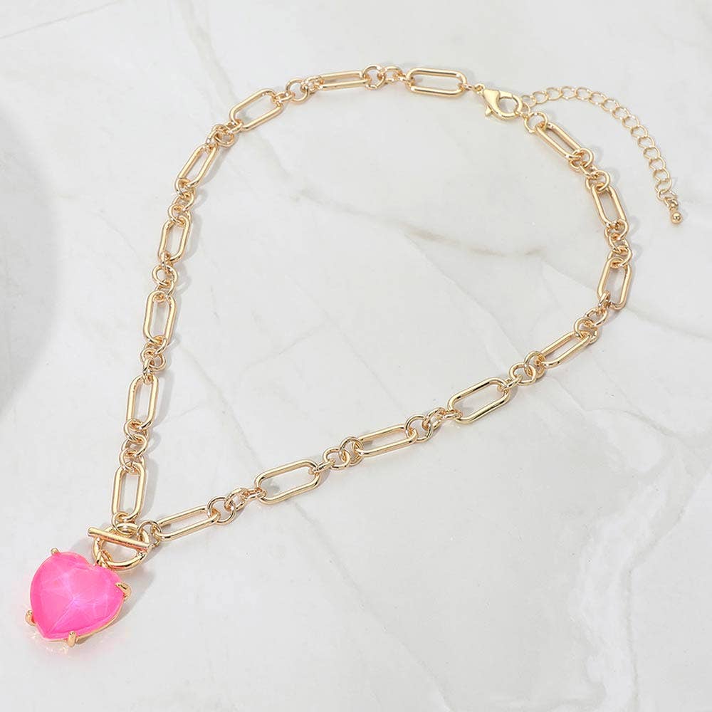 Chunky Heart Stone Cluster Toggle Pendant Necklace