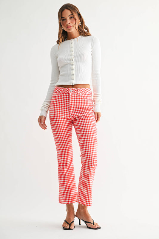 Just Black Denim High Rise Cropped Flare - RED GINGHAM