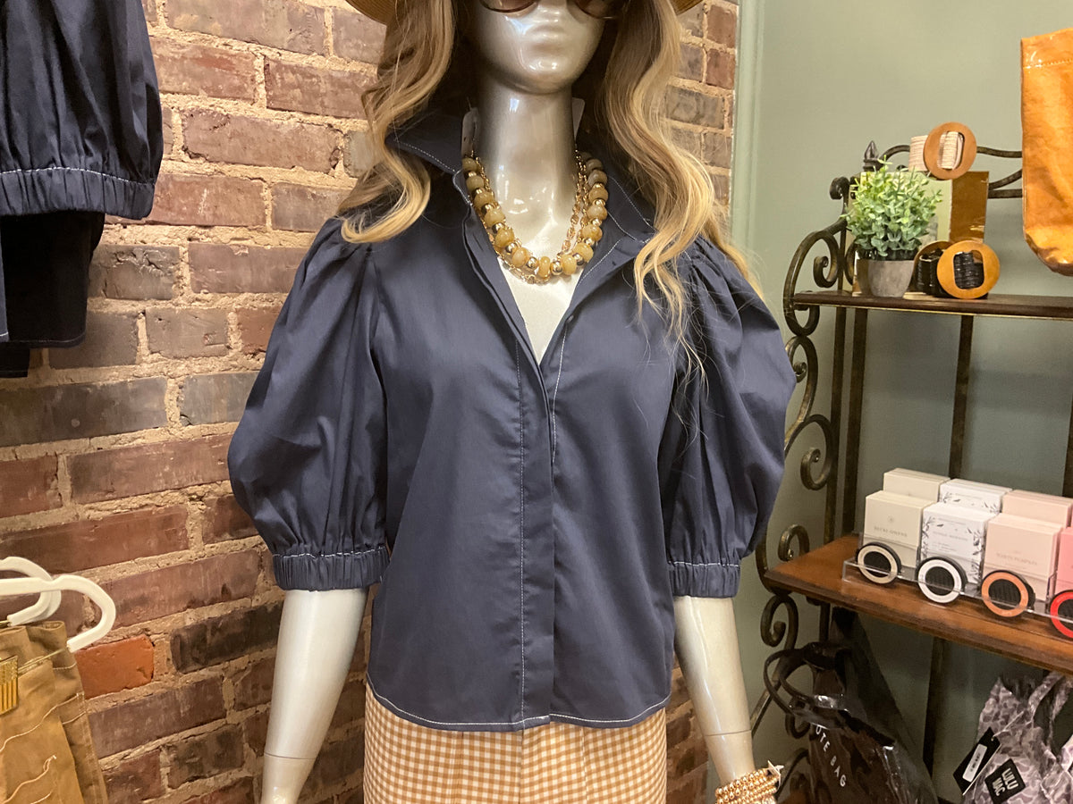 PUFF SLEEVE  BUTTON DOWN SHIRT *