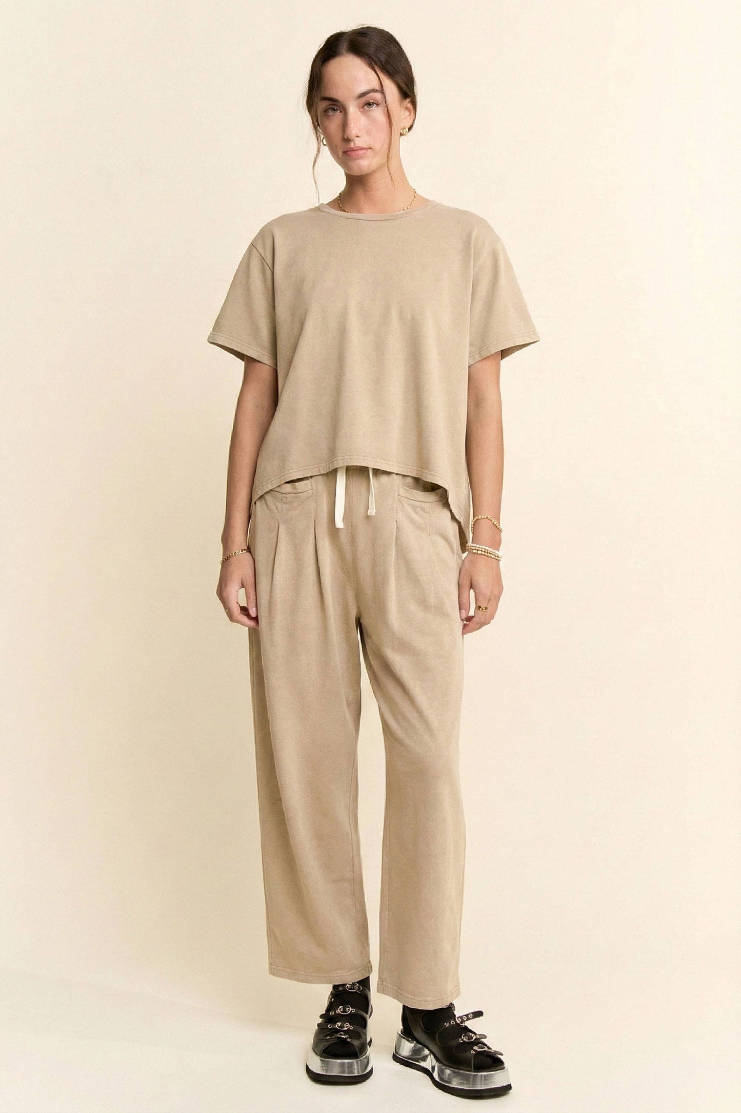 DETP40335-GARMENT WASHED PLEAT TOP PANTS SET