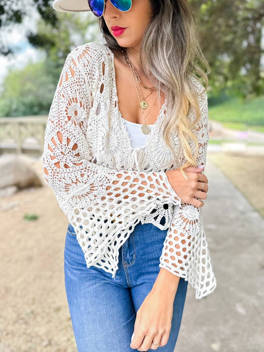 Ivory Unique Floral Open Front Long Sleeve Crochet Cardigan