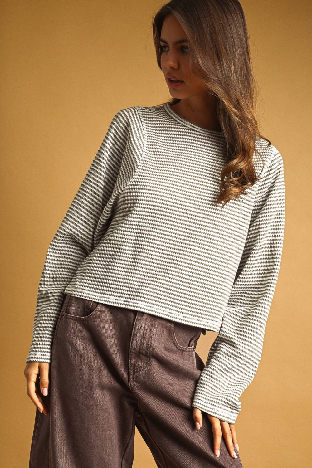 STRIPED WAFFLE FABRIC LONG SLEEVE TOP