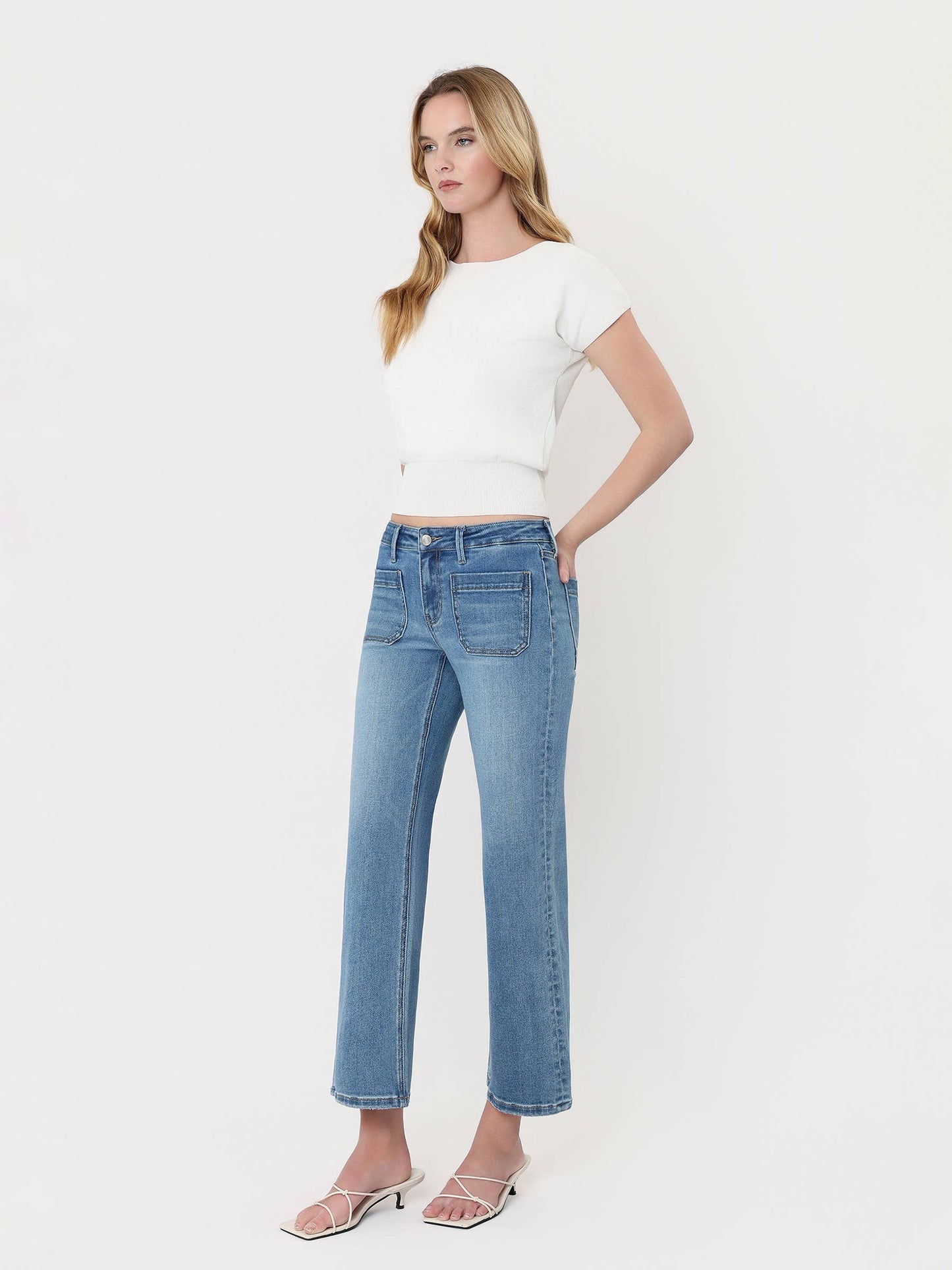 MEDIUM WASH PATCH POCKET JEANS