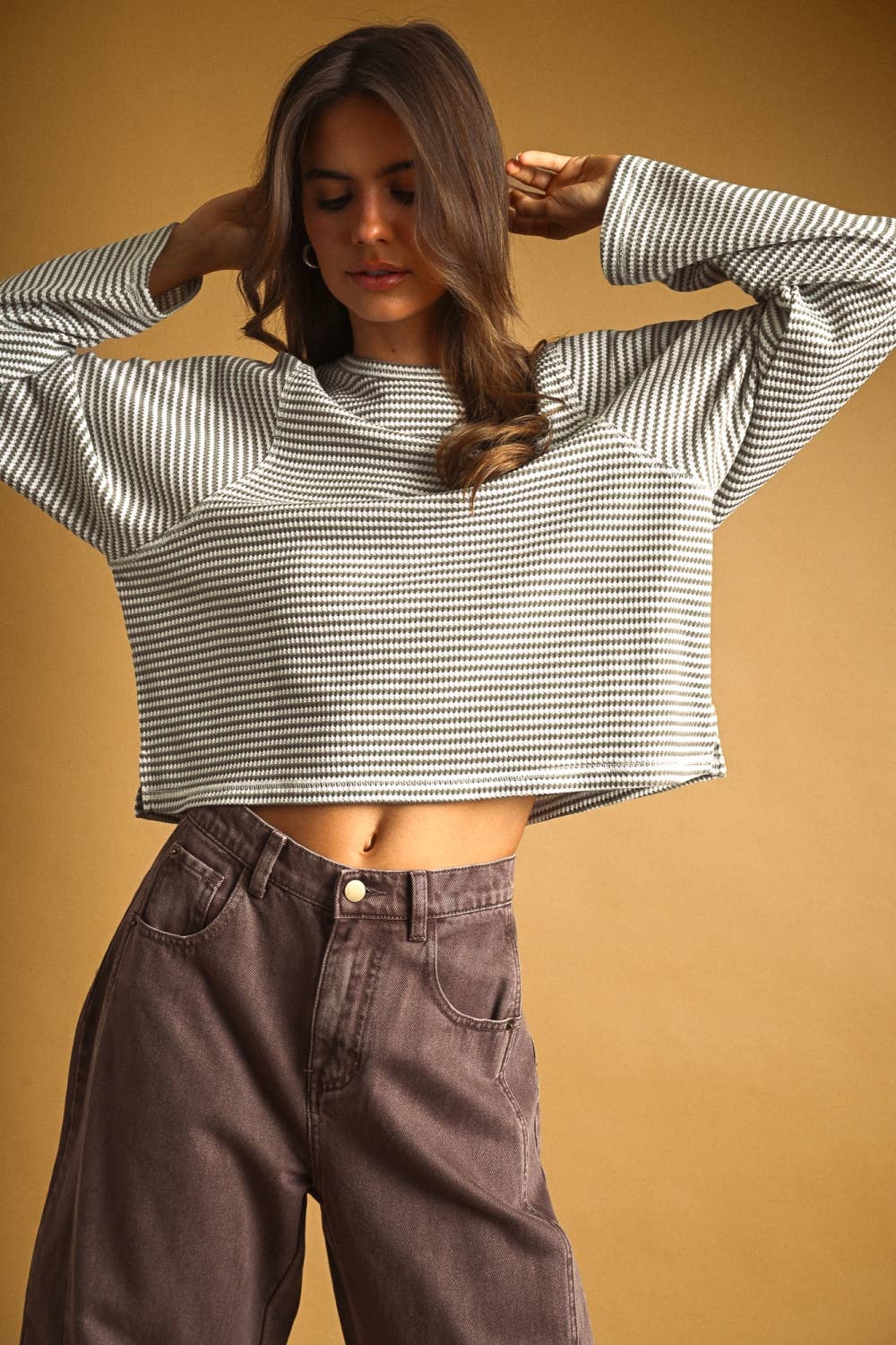 STRIPED WAFFLE FABRIC LONG SLEEVE TOP