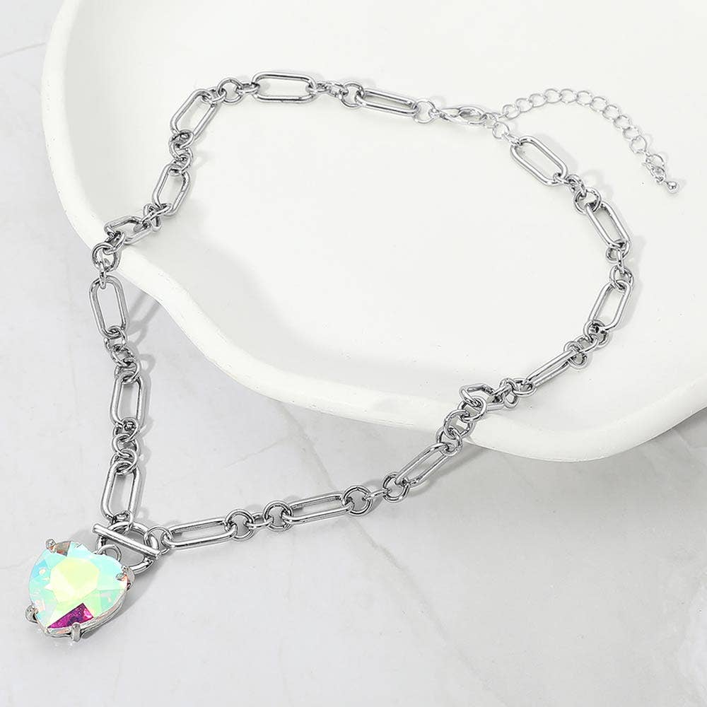 Chunky Heart Stone Cluster Toggle Pendant Necklace