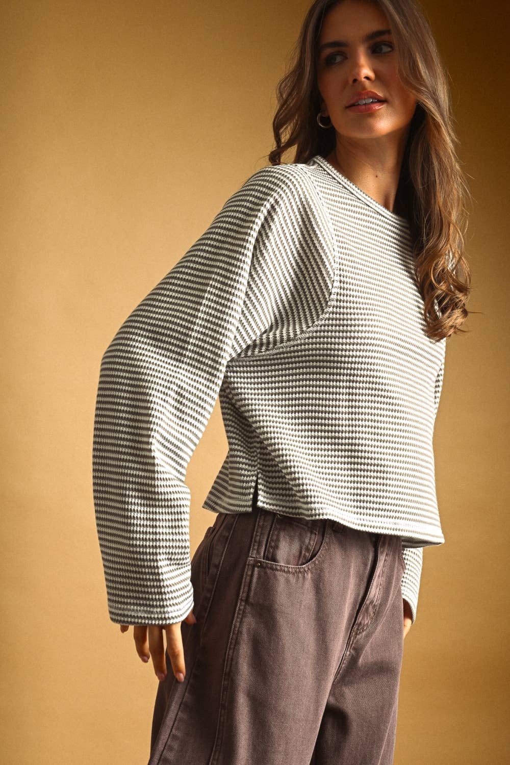STRIPED WAFFLE FABRIC LONG SLEEVE TOP