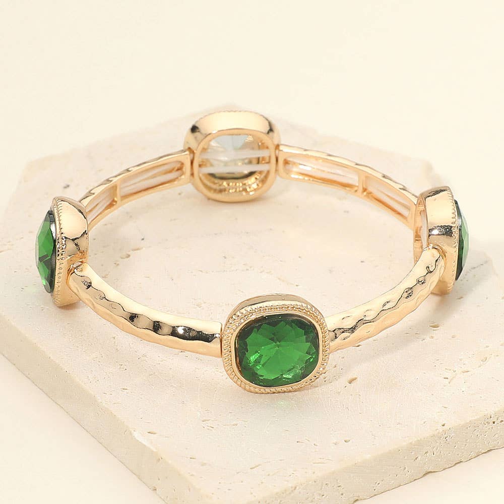 Square Stone Bezel Accent Hammered Bar Beaded Stretch Bracelet