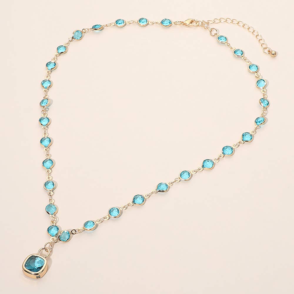 Square Stone Pendant Accent Round Bezel Link Necklace
