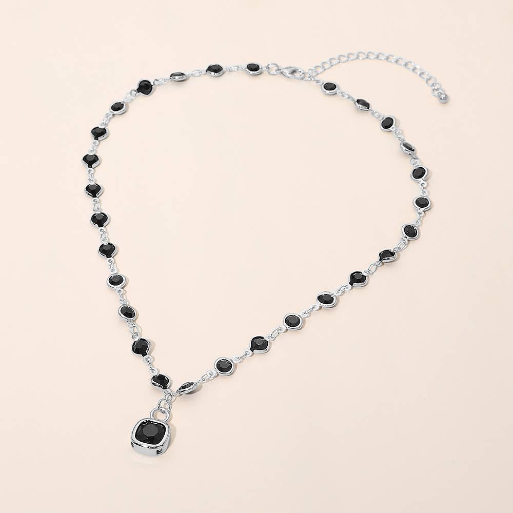 Square Stone Pendant Accent Round Bezel Link Necklace