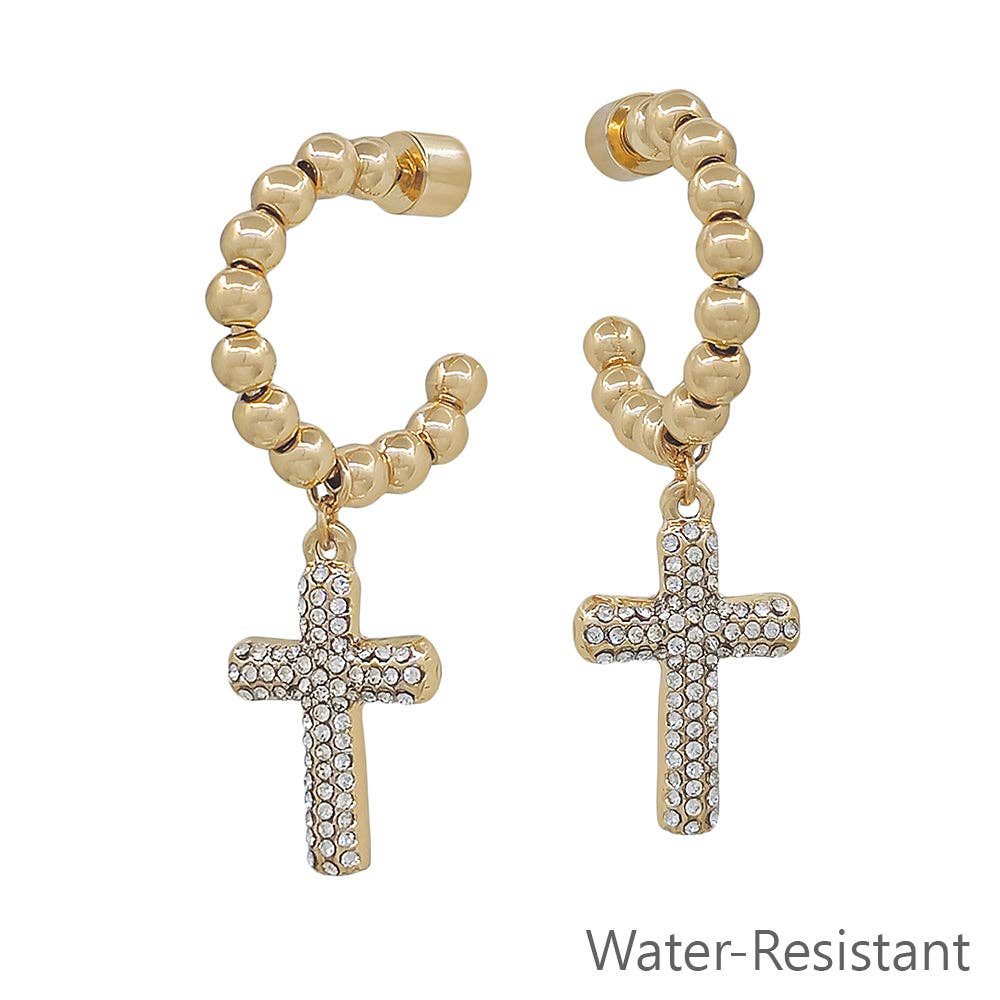 Gold Beaded with Rhinestone Cross 1.5" Hoop Earring